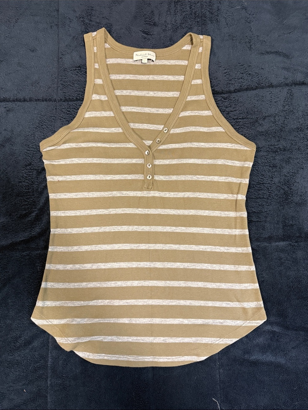 Michael Stars Tan and White Striped Henley Tank Top